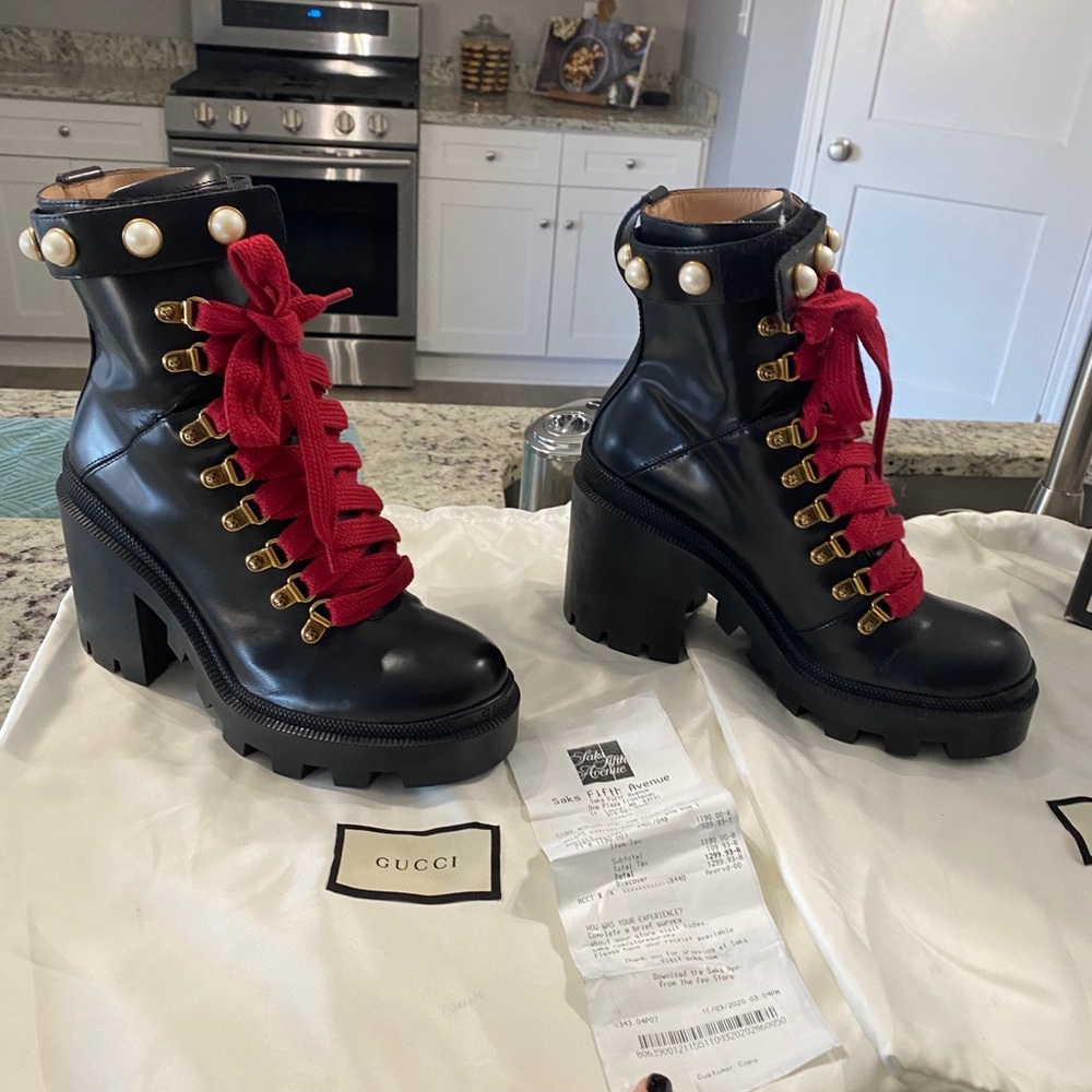 Gucci Black Leather Ankle Boots with Red Laces and Pearl Details